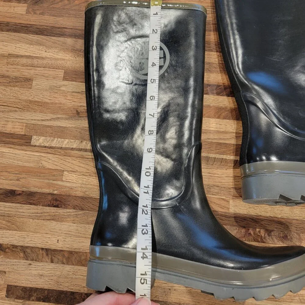 Tory Burch Tall Logo Black & Gray Rubber Rain Boots
